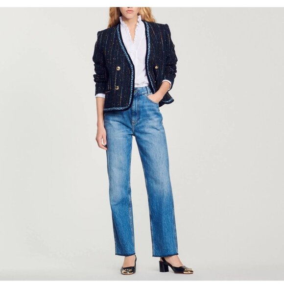 SANDRO TWEED DOUBLE BREASTED JACKET WOVEN BRAID TRIM SIZE 34 - Picture 1 of 6